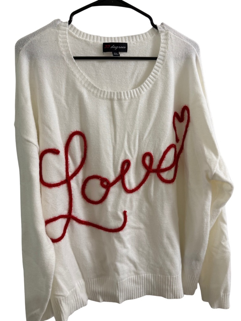 32 Degrees White Crewneck Sweater with Red "Love" Script